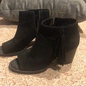Open toed black fringe booties